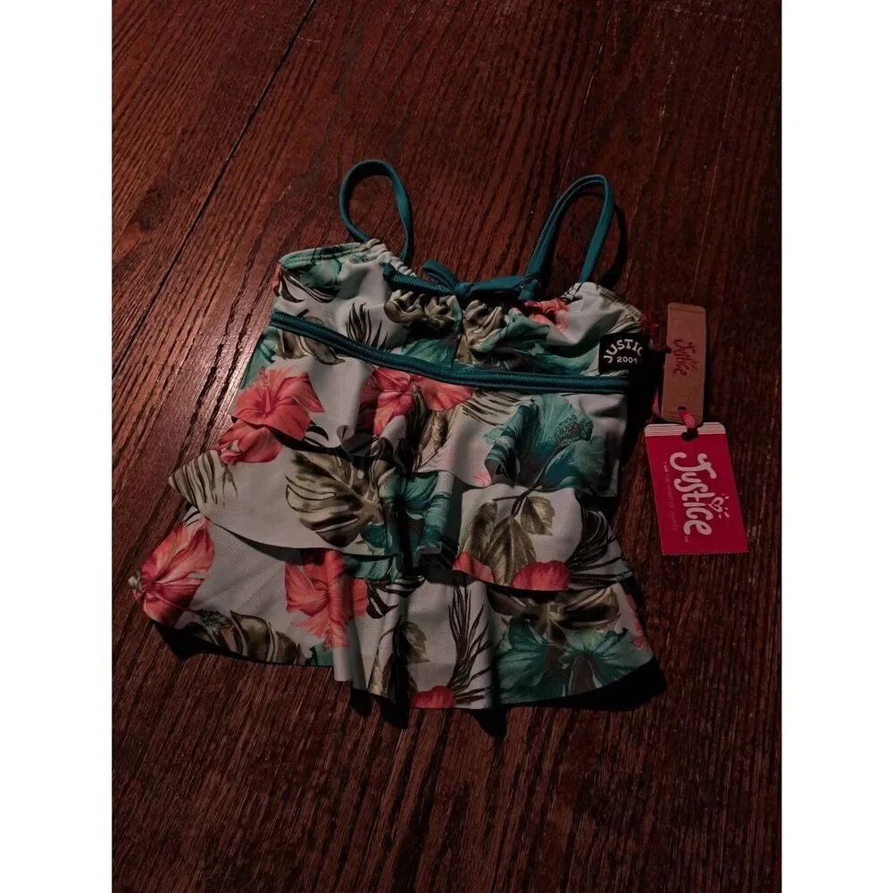 New Girls XS 5/6 Justice Retro Ruffle Tie Top Tankini Bikini Top Tropical Floral